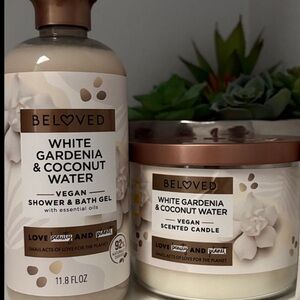 Beloved White Gardenia & Coconut Water Lot of 2: Candle, Bath Gel full size HTF!